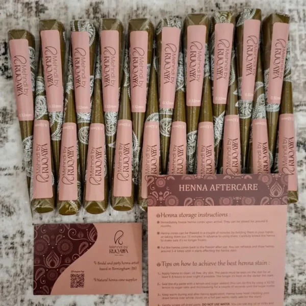 Fresh natural henna cones with aftercare instructions and branded packaging