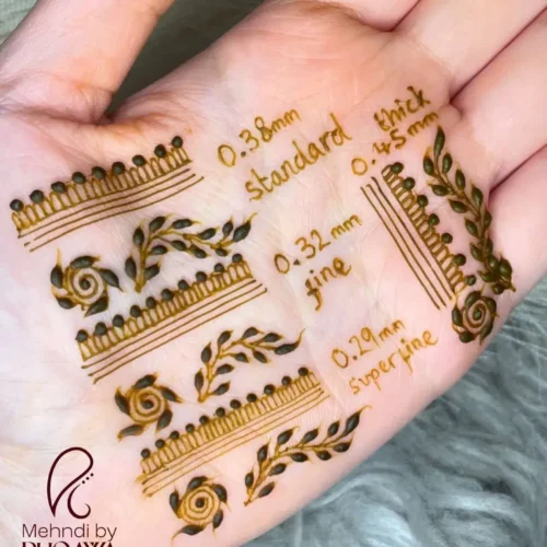 Henna cone tip size comparison showing super fine, fine, standard and thick applicator tips