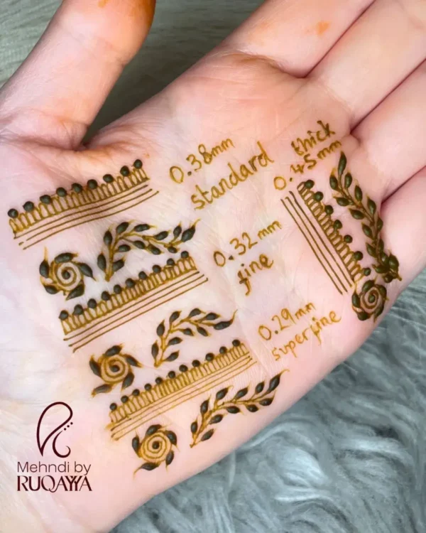 tip-sizes-sample Henna cone tip size comparison showing super fine, fine, standard and thick applicator tips